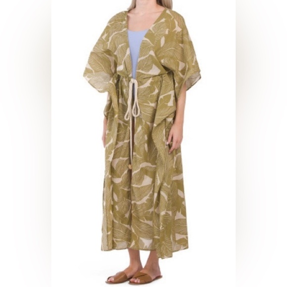 True Destinations Other - True Destinations Palm Print Belted Kaftan Swimsuit Dress Coverup